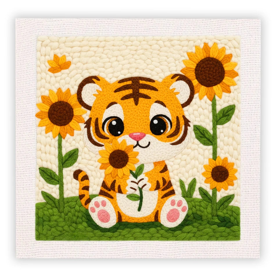 Punch needle embroidery kit featuring a cute orange tiger surrounded by yellow sunflowers on a light background.