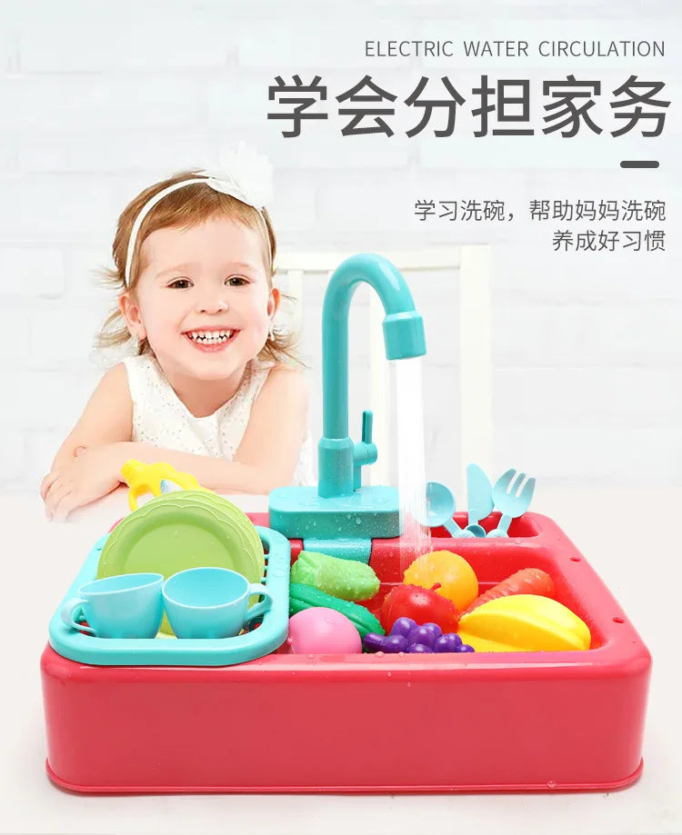 A pink plastic kitchen sink set with an electric water circulation faucet and various colorful fruits and vegetables for chil