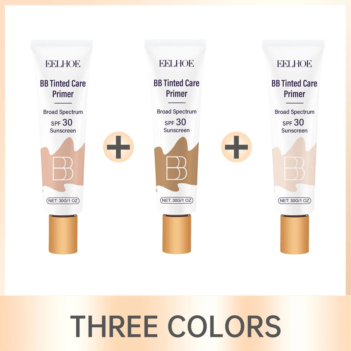 Tre tuber EELHOE BB farget pleieprimer med SPF 30 solkrem vist ved siden av hverandre