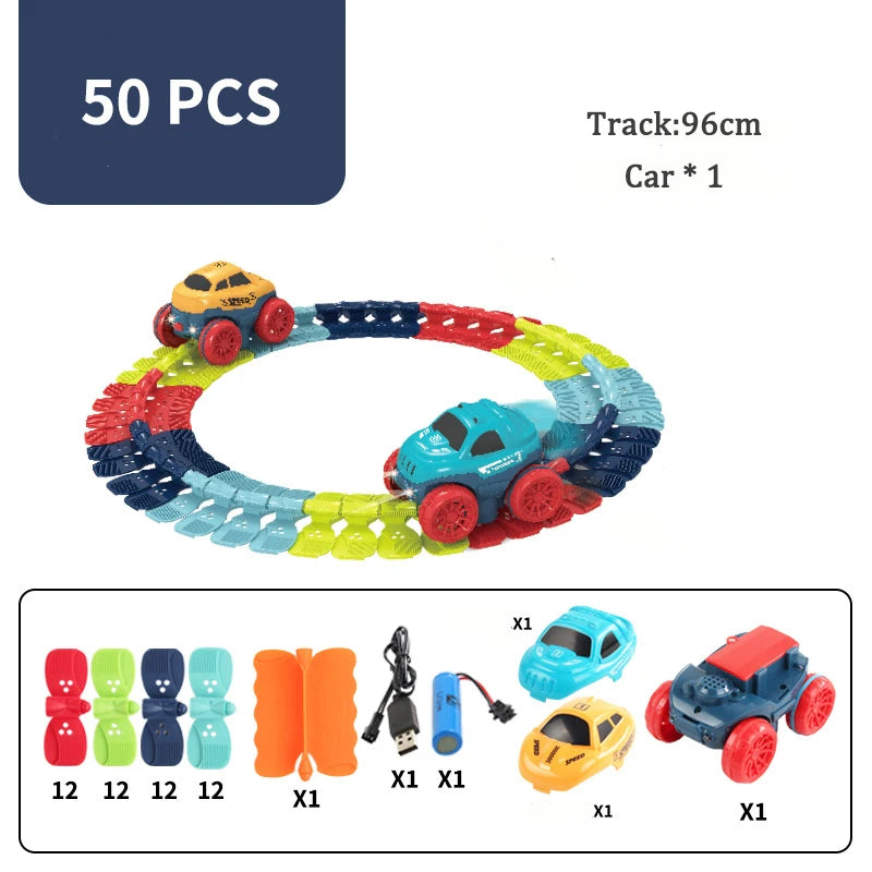 Set de 50 piezas con pista de 96 cm y un auto de carreras que brilla en la oscuridad, varios autos de colores y accesorios.
