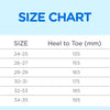 Size chart showing shoe sizes and corresponding heel to toe measurements in millimeters.