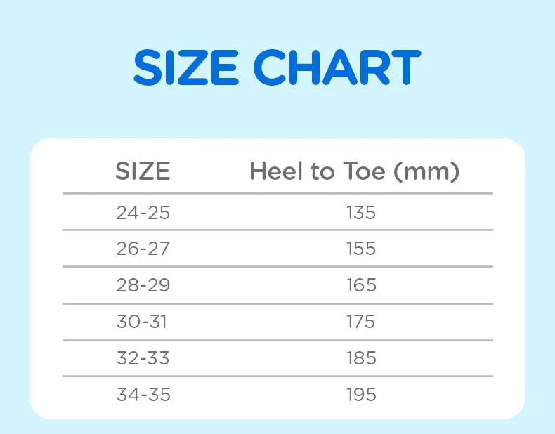 Size chart showing shoe sizes and corresponding heel to toe measurements in millimeters.