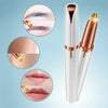 A white and rose gold precision electric eyebrow trimmer with multiple tips shown alongside close-ups of the device's functio