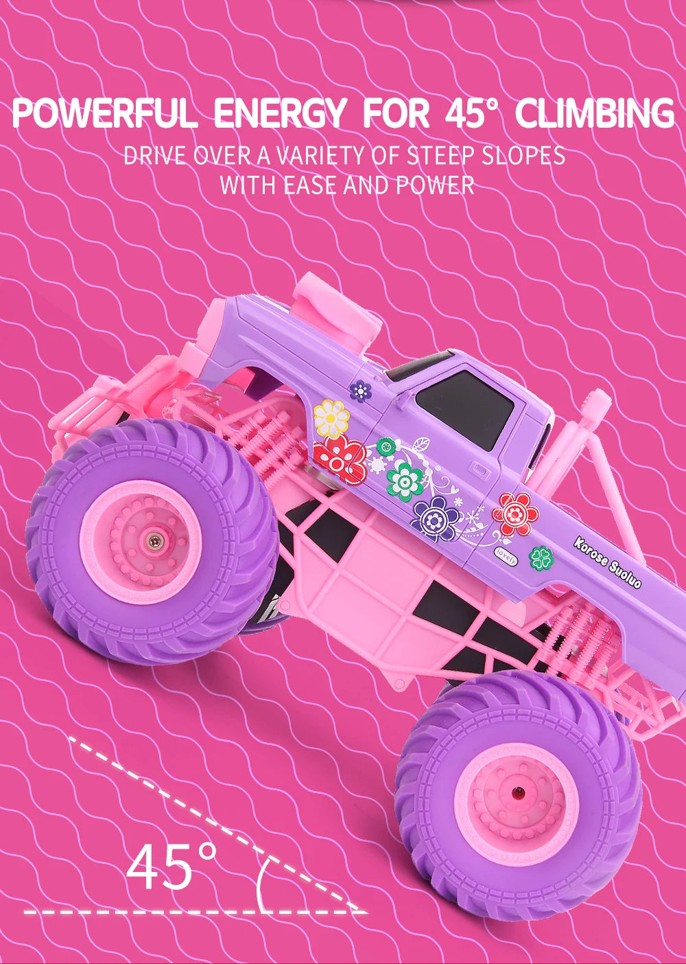Pink RC pickup truck with purple tires driving over a 45-degree slope.