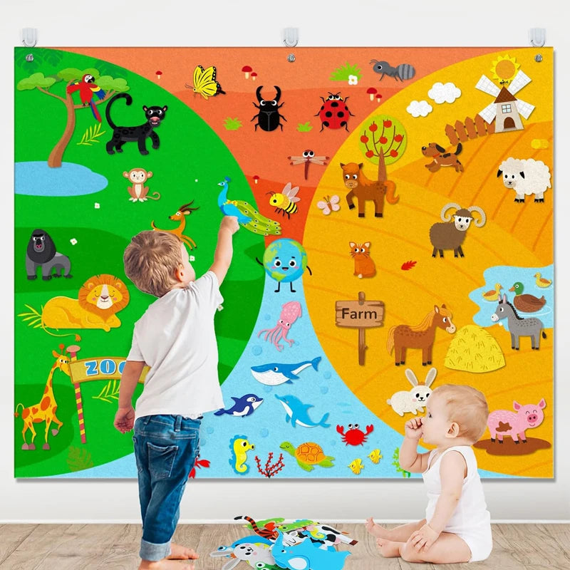 A colorful felt story board featuring various zoo animals like lions monkeys elephants and birds for interactive learning