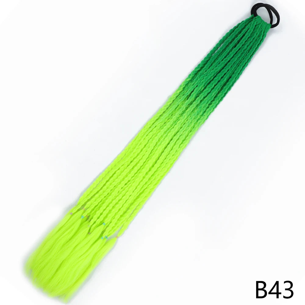 A bright lime green pre-braided ponytail extension with an elastic band.
