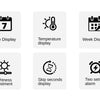 Icons representing various display features like date, temperature, week, brightness adjustment, skip seconds, and alarm sett