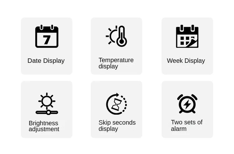 Icons representing various display features like date, temperature, week, brightness adjustment, skip seconds, and alarm sett