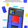 A black slide puzzle game board with colored blocks and a translucent slide piece.