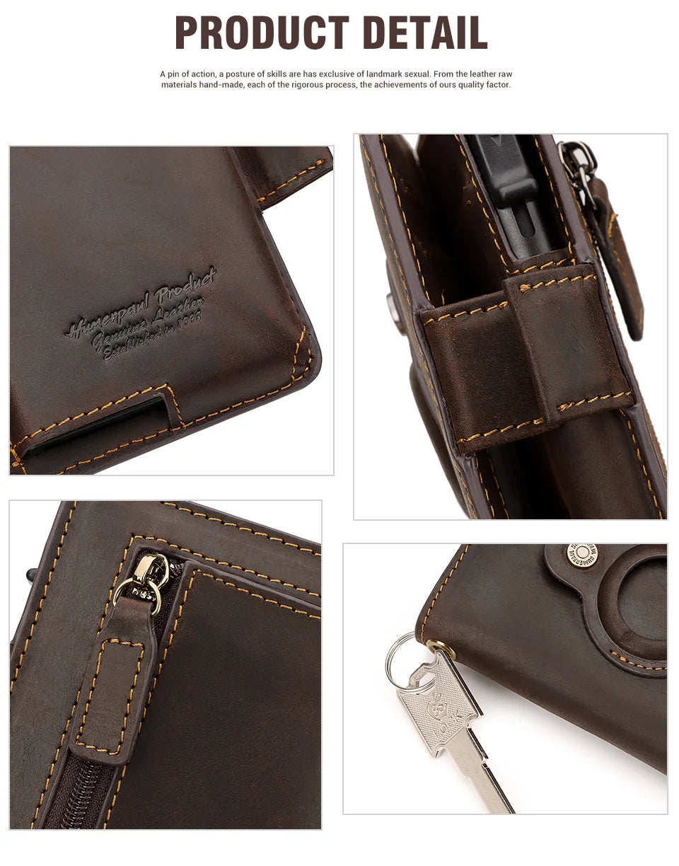 A dark brown Crazy Horse leather smart wallet showing various angles and features.