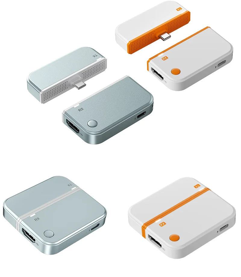 Sarja valkoisia ja oransseja USB-C-langattomia HDMI-lähetin- ja vastaanotinsarjoja eri asennoissa.