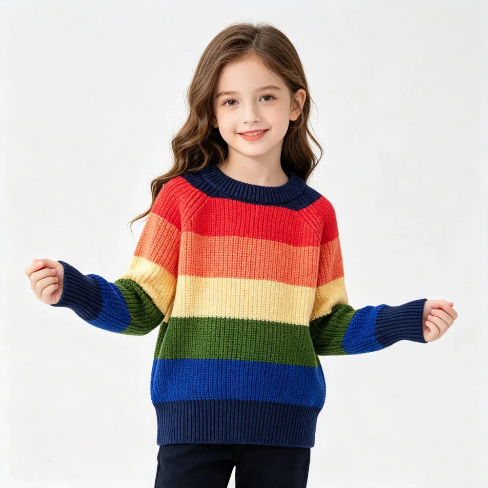 A young girl models a colorful rainbow striped knit sweater with long sleeves against a white background.