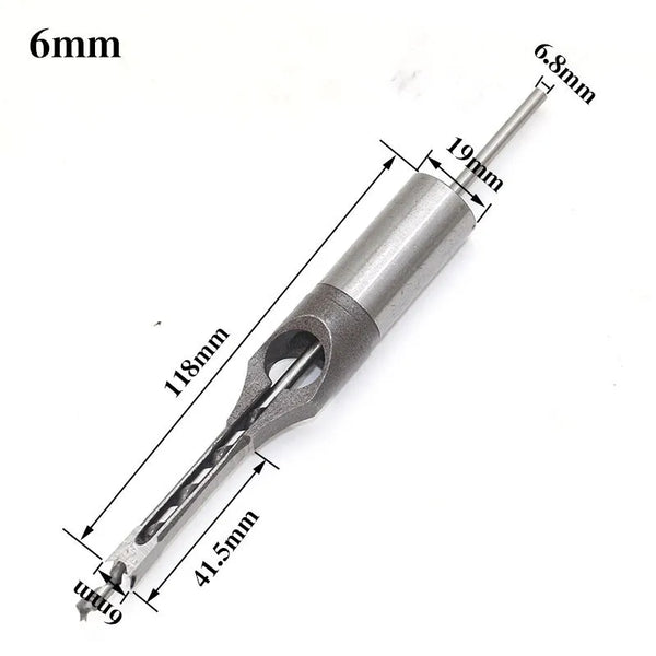 A silver square hole mortising chisel with various dimensions marked on the tool.