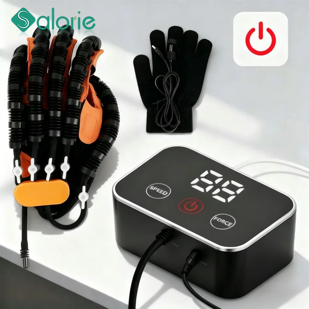 A black hand rehabilitation robot glove is shown next to its charging base and a pair of black gloves.