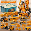 A collection of yellow and orange magnetic engineering car robot building blocks and toys.