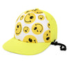 A bright yellow baseball cap featuring a pattern of yellow smiley face designs on a white background.