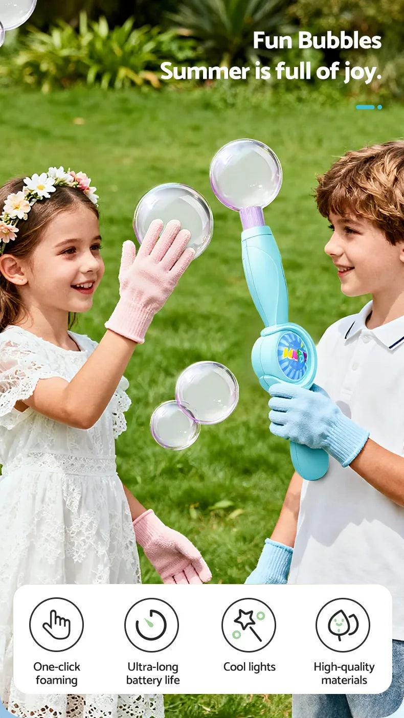Two children are playing with a clear bubble wand and bubbles outdoors.