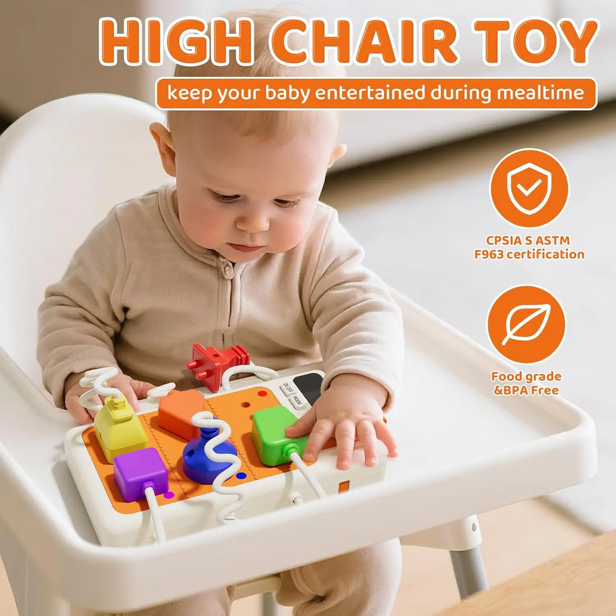 A baby is playing with a colorful Montessori busy board toy designed for entertainment during mealtimes.