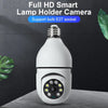 A white smart lamp holder camera with an E27 socket is shown against a dark background.