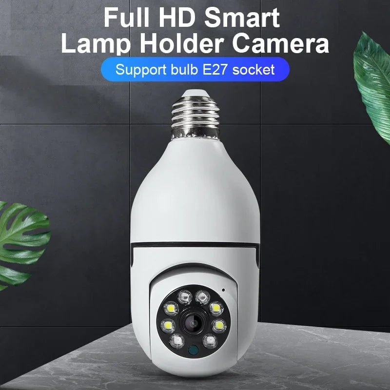 A white smart lamp holder camera with an E27 socket is shown against a dark background.