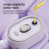 A purple ionic steam hair brush with a large-capacity water tank is shown mixing liquid and water.