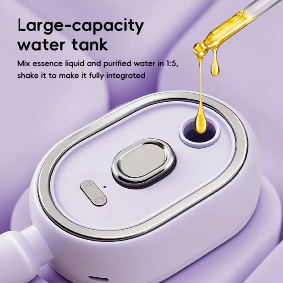 A purple ionic steam hair brush with a large-capacity water tank is shown mixing liquid and water.
