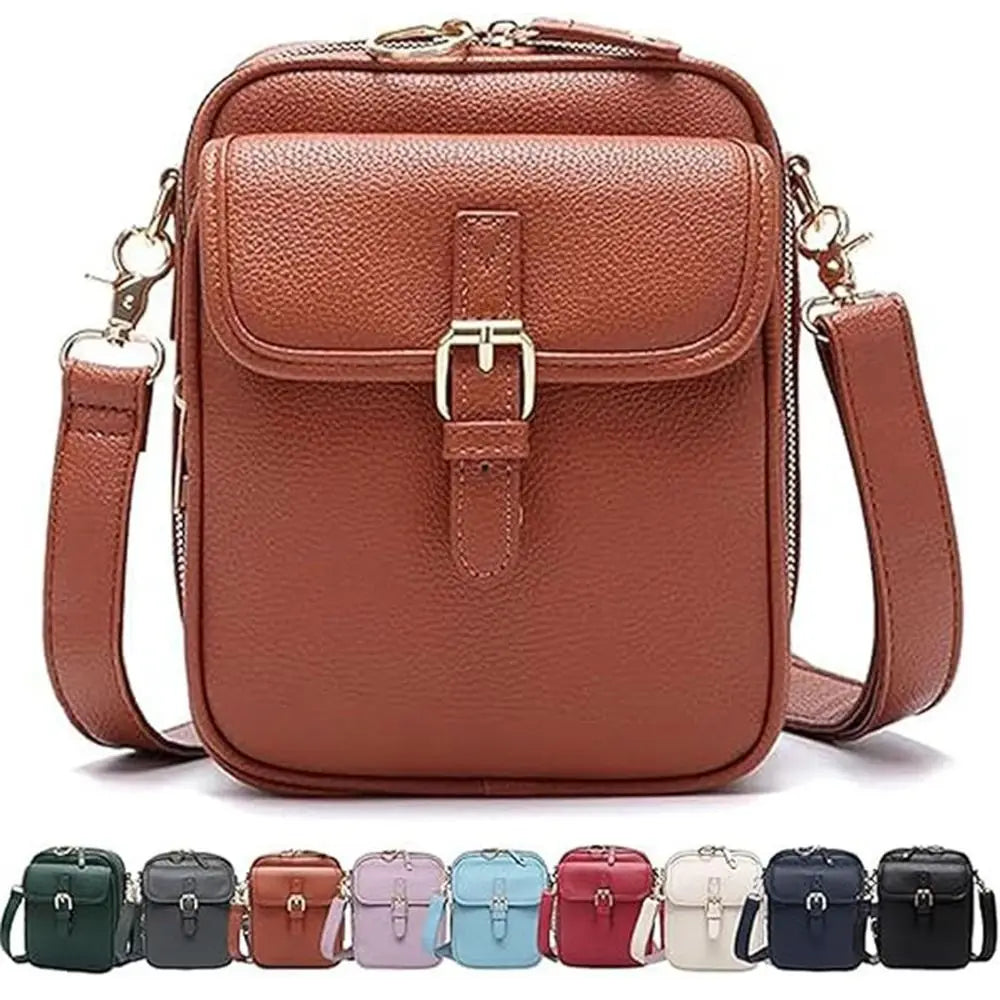 A brown vintage vegan leather messenger bag with a gold clasp and adjustable strap, shown next to several other similar bags.