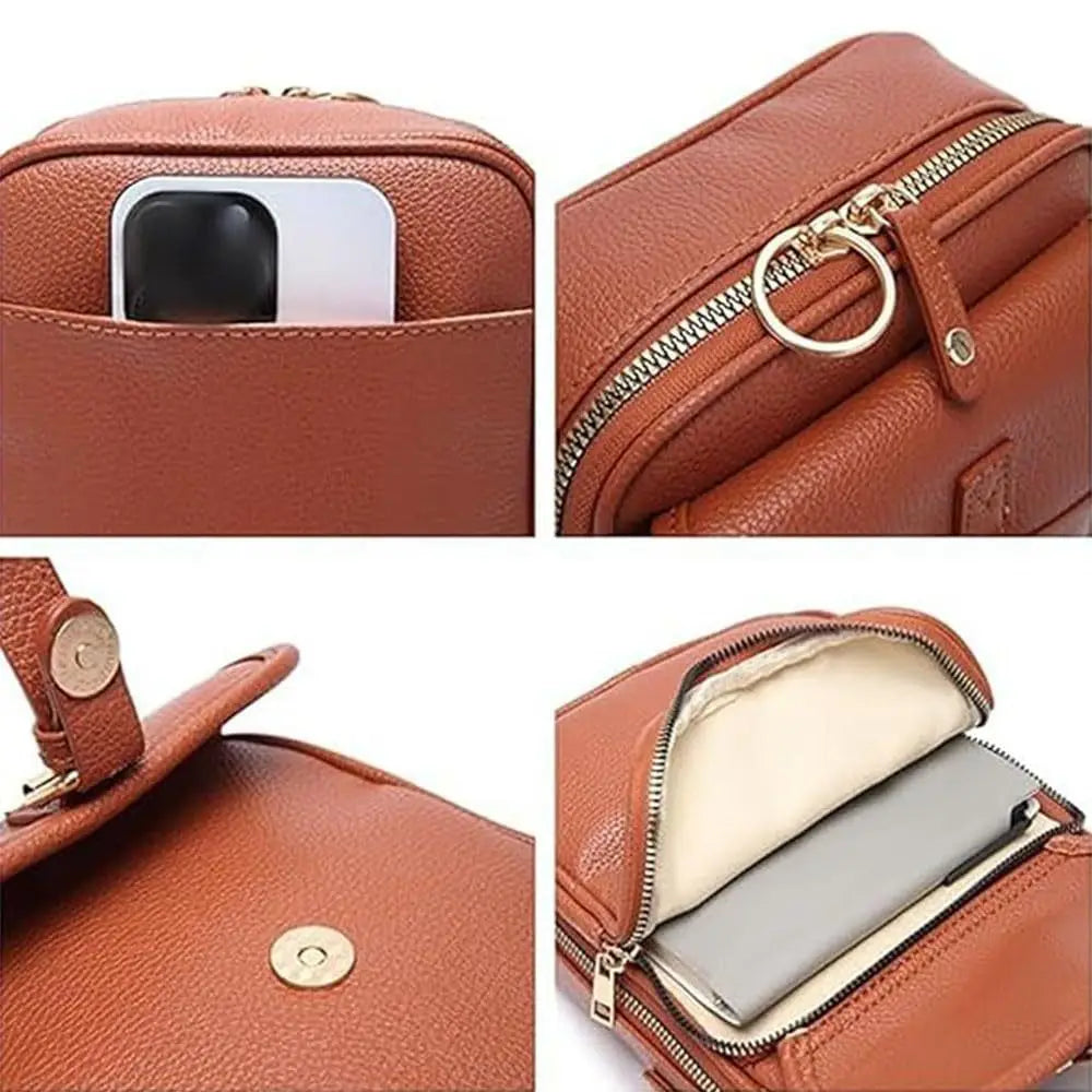 A brown vintage vegan leather messenger bag featuring a silver zipper and adjustable strap, shown in multiple angles.