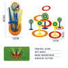A set of five colored rings and stakes for a ring toss game, including a yellow ring and five numbered rings.