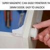 A hand is shown inserting a white magnetic lock into a door frame, demonstrating its ease of penetration.