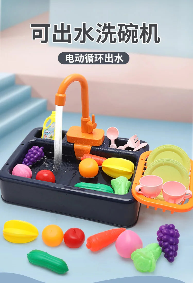 A kids pretend play kitchen sink set with orange faucet and various colorful pretend food items like fruits and vegetables.