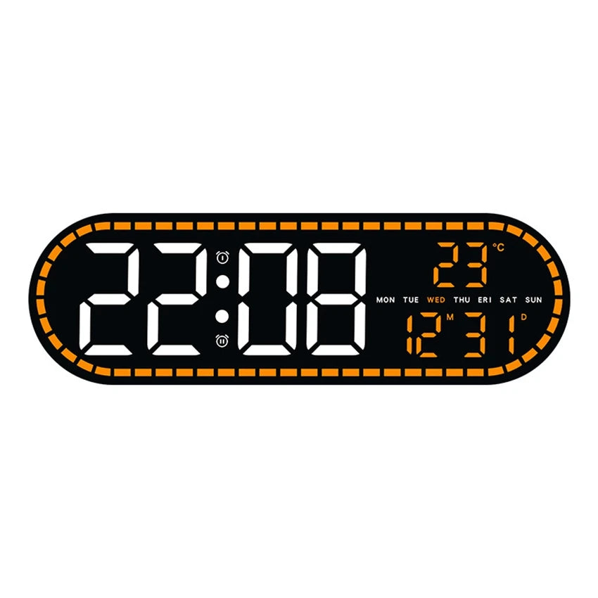 A black digital wall clock displaying the time 22:08, temperature, and date.