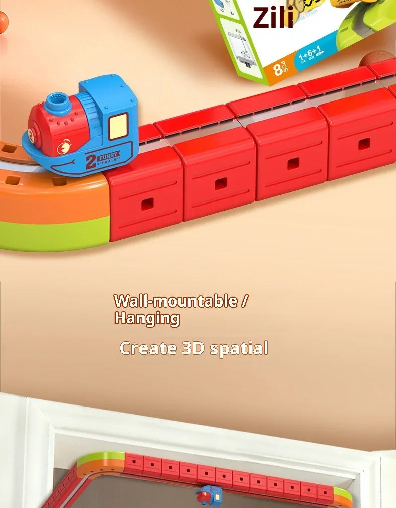 A red and blue magnetic anti-gravity train track building set with various colored train pieces.