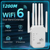 موسع نطاق WiFi 6 أبيض مع ستة هوائيات ومنفذ جيجابت على خلفية زرقاء
