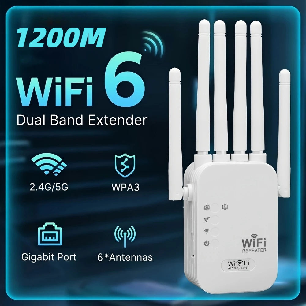 موسع نطاق WiFi 6 أبيض مع ستة هوائيات ومنفذ جيجابت على خلفية زرقاء