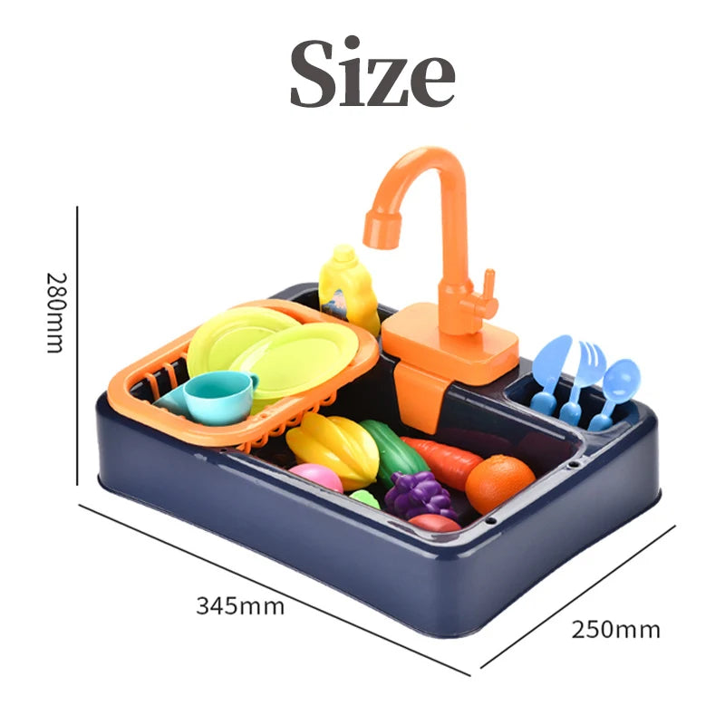 Orange kids pretend play kitchen sink set with running water and various plastic food items