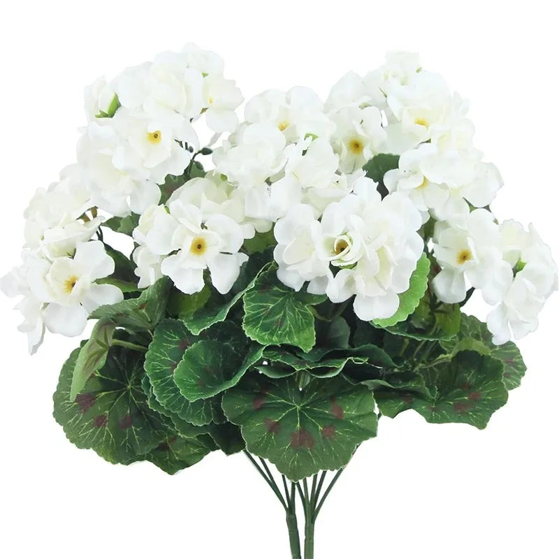 Lifelike red artificial geranium bouquet with green leaves for outdoor planters and home decor