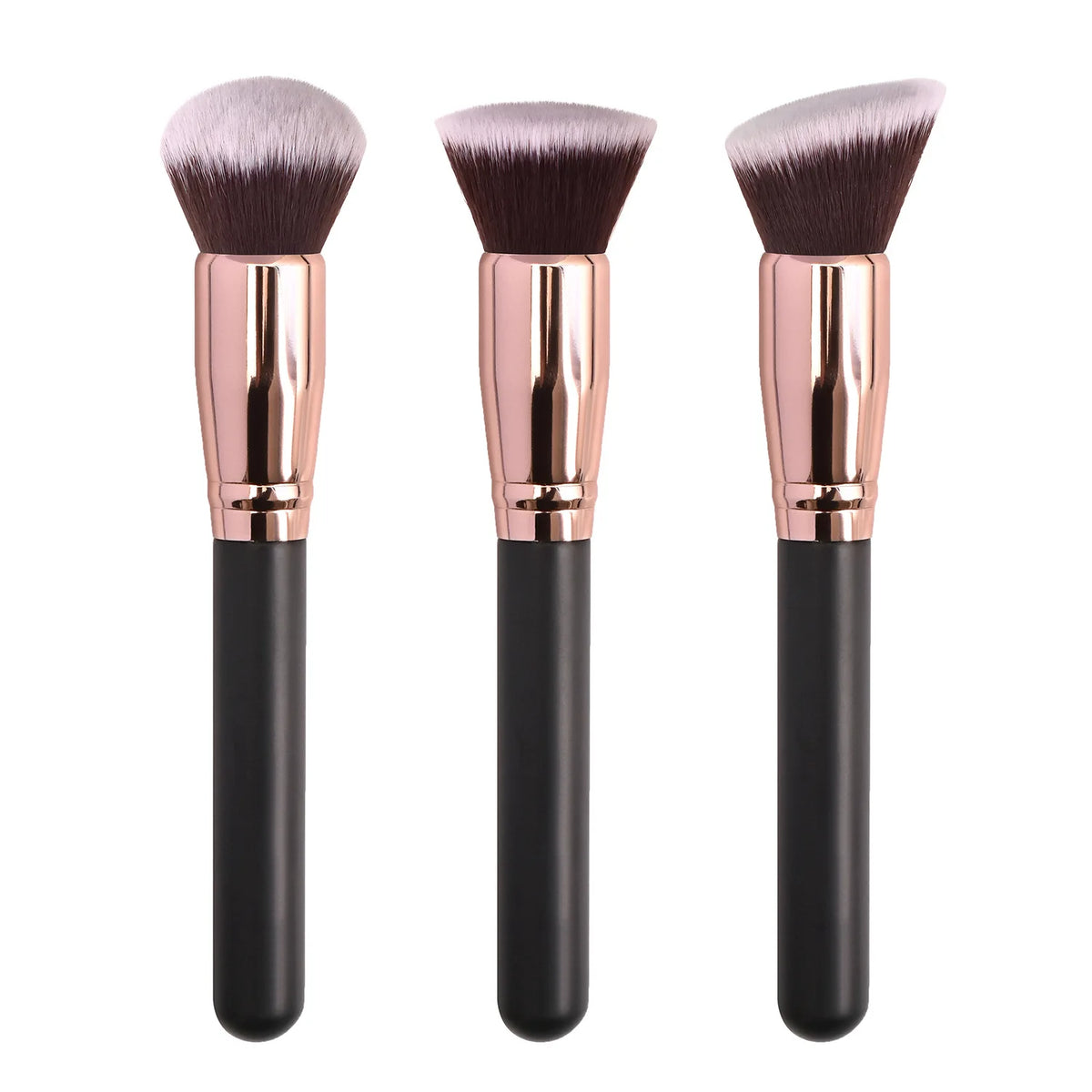 Three professional makeup brushes with pink bristles and gold ferrules shown against a white background.