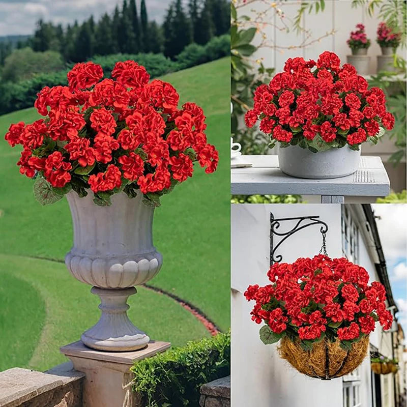 A vibrant bouquet of lifelike red artificial geraniums displayed in a classical stone urn.
