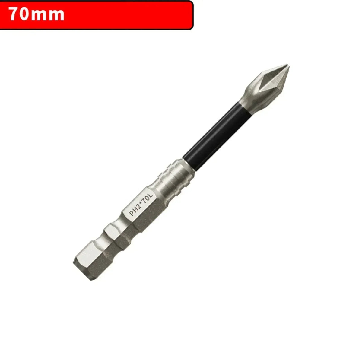 A black magnetic PH2 screwdriver bit with a 70mm length and hex shank.