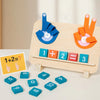A wooden finger counting number learning toy featuring colorful fingers and numbered blocks on a light wooden board.