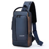 Bolso bandolera antirrobo azul oscuro para hombre, con correa negra y detalles marrones.