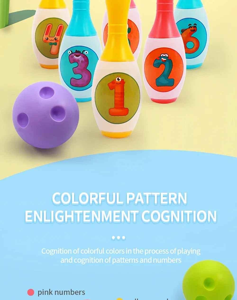 A colorful pattern enlightenment cognition set featuring bowling pins shaped like animals and numbers for children.