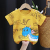 A yellow cartoon bear cotton t-shirt for toddlers featuring a blue dinosaur design.