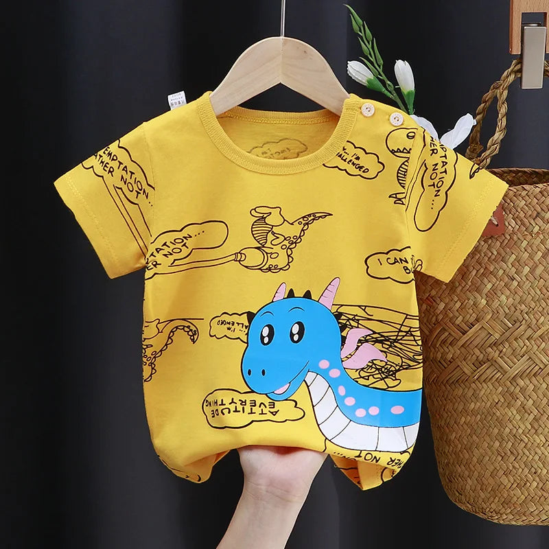 A yellow cartoon bear cotton t-shirt for toddlers featuring a blue dinosaur design.