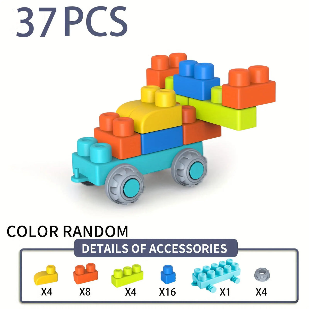 A set of 37 random colored soft rubber building blocks stacked on a blue vehicle with various accessories.