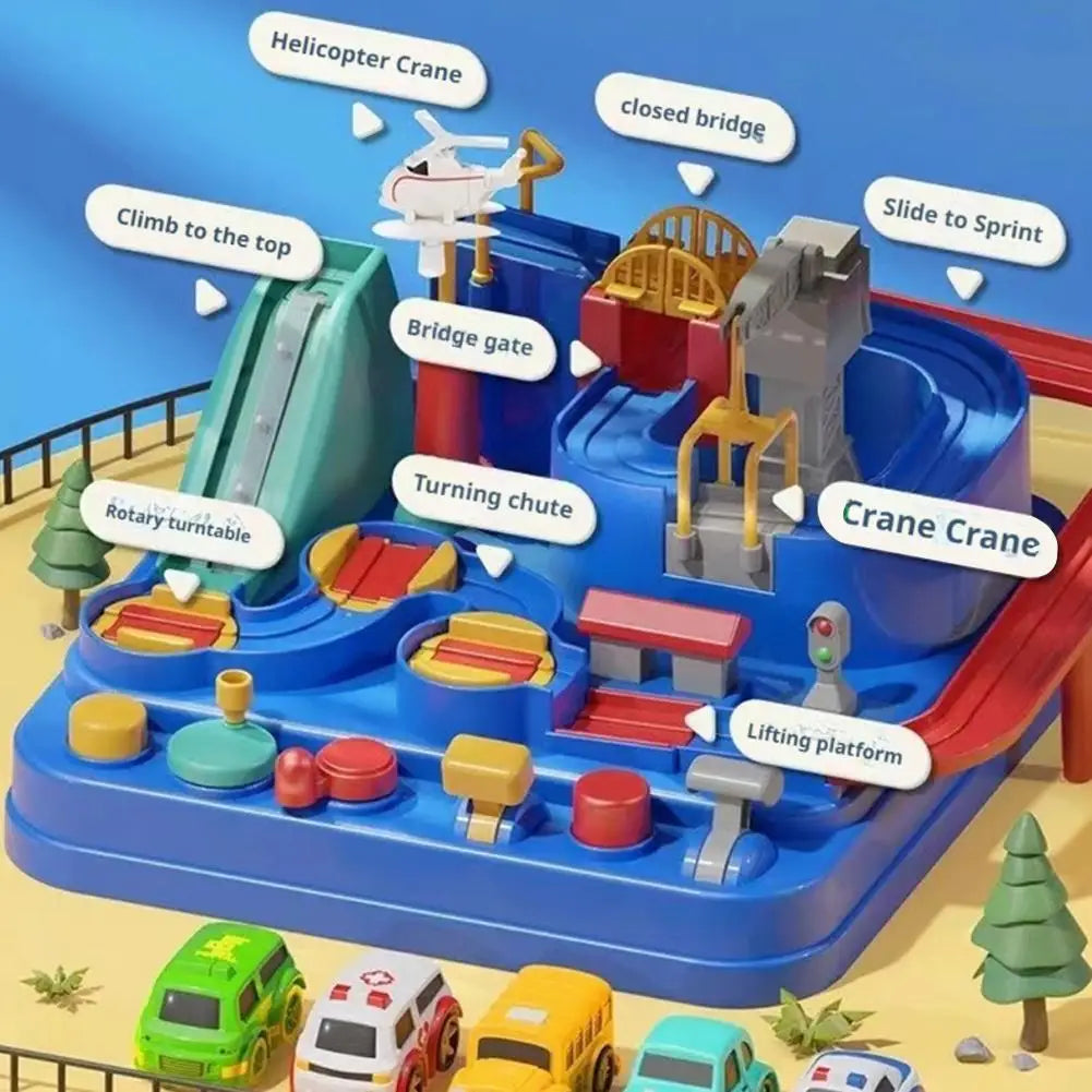 A blue plastic toy set featuring a helicopter crane and bridge gate obstacles on an interactive race car track.