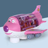 A pink and white electric airplane toy featuring clear windows, lights, and music.