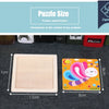 A wooden puzzle set featuring a dinosaur and other toys laid out on a dark surface.