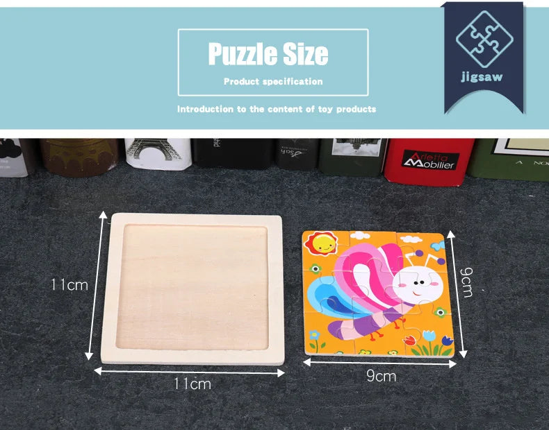 A wooden puzzle set featuring a dinosaur and other toys laid out on a dark surface.